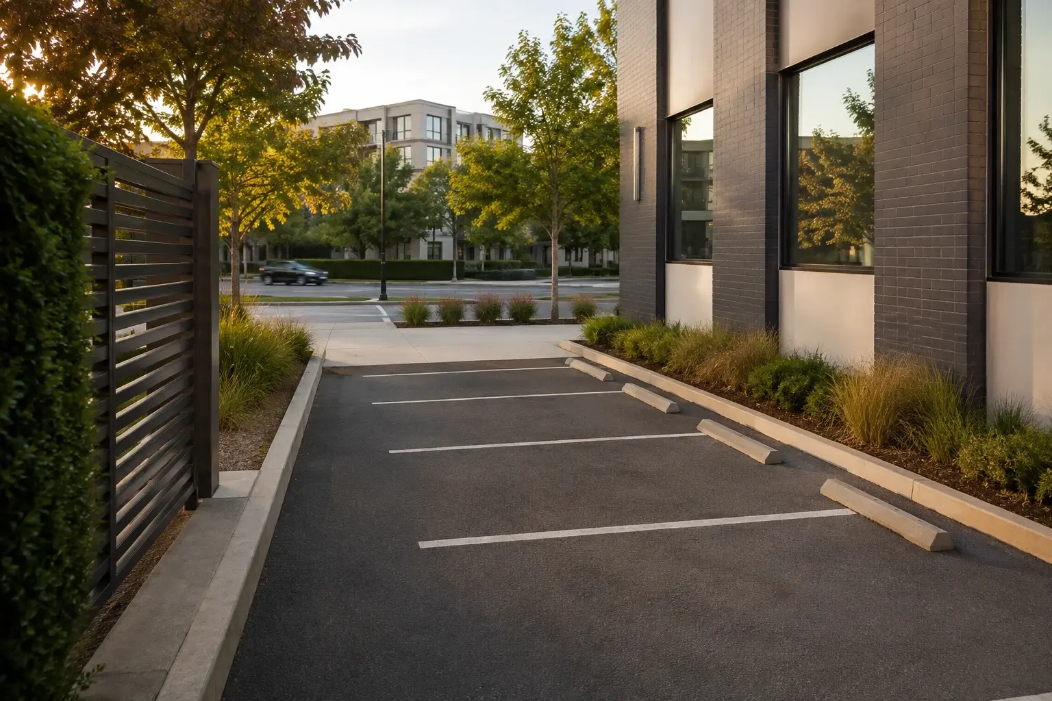 Emplacement extérieur inutilisé — parking et espace disponible pouvant accueillir une activité autonome.
